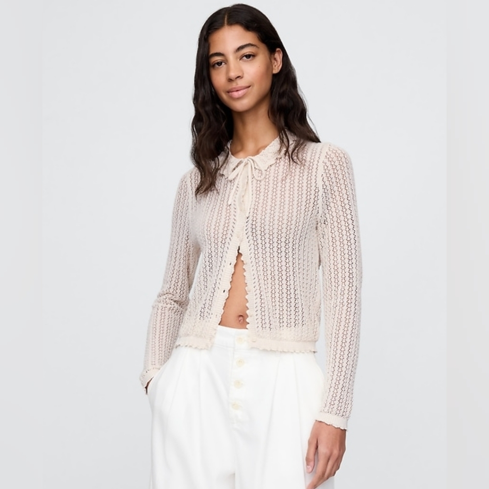 Gap × DÔEN Women's Beige Long Sleeve Linen-Blend Pointelle Bow Cardigan Size XXS